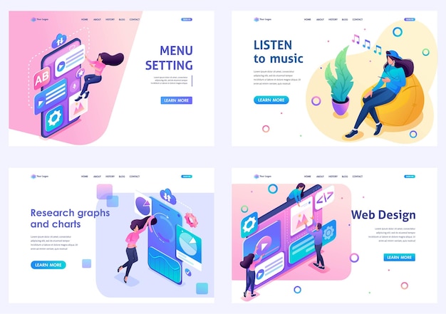 set of isometric concepts menu setting web design listen to music data analysis for landing page
