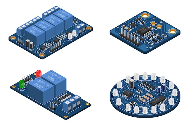 set of isometric electronic board isometric printed circuit board with electronic components electronic components and integrated circuit board