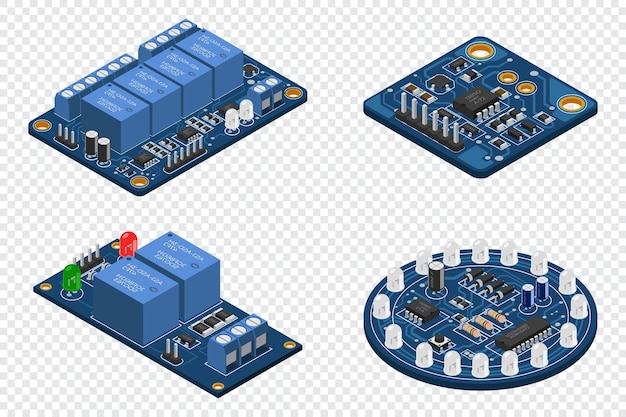 set of isometric electronic board isometric printed circuit board with electronic components electronic components and integrated circuit board