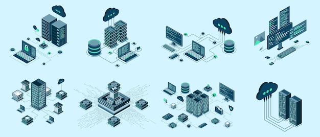 Set of isometric modern technology concept for cloud computing Datacenter Database artificial intelligence and blockchain technology Isometric technology