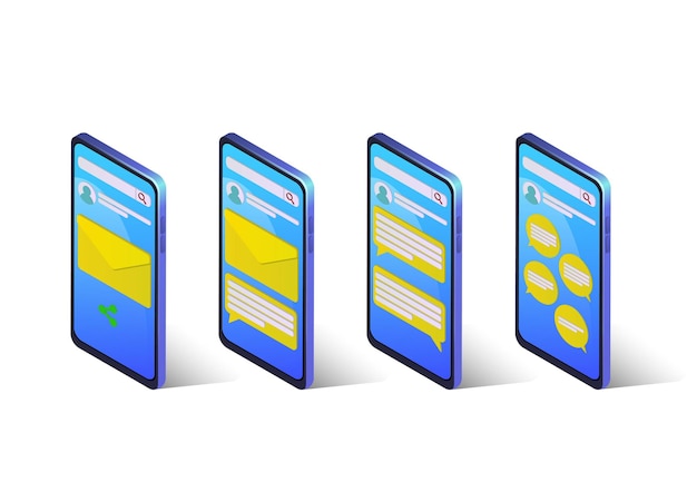 Set of isometric smartphone with email or chat messaging
