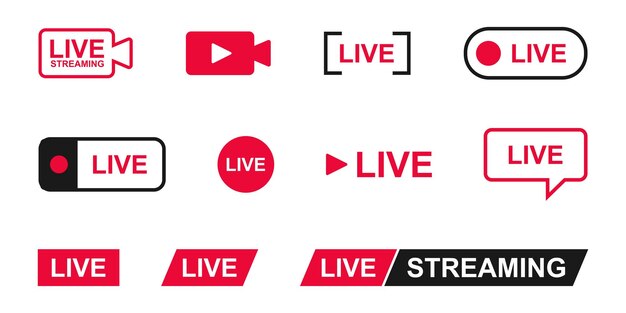 Set of live stream buttons live icon set