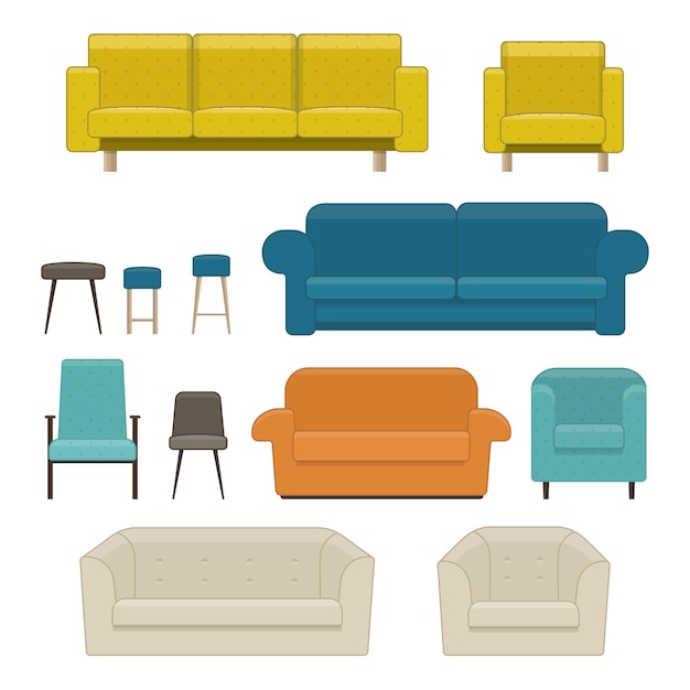 Set of living room furniture. Sofa, armchair and chair. Vector illustration in flat style