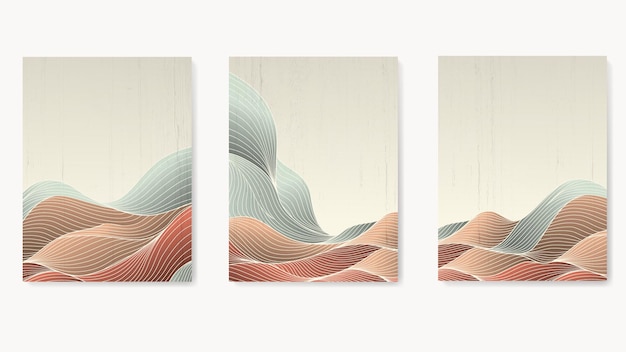 Set of luxury posters for interior decoration with abstract waves from lines in pastel colors.