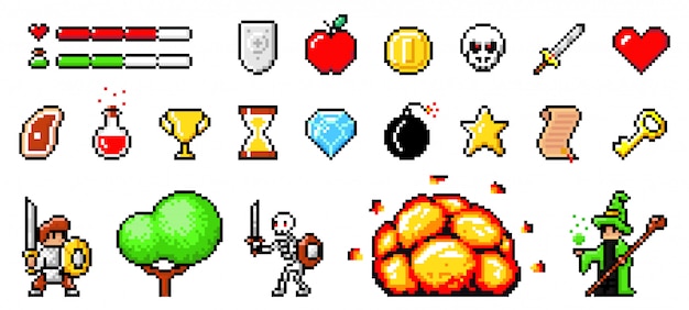 Set of minimalistic pixel art vector objects isolated. Pixel game. 8 bit UI gaming bar notation