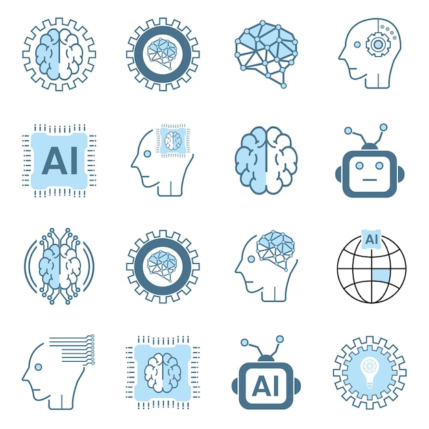 Set of modern AI icons symbols Set of Artificial intelligence lined blue cybernetic technology