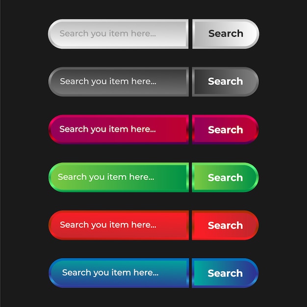 Set of modern and professional website and ux ui search bar input and submit button with shiny gradient effect 3d
