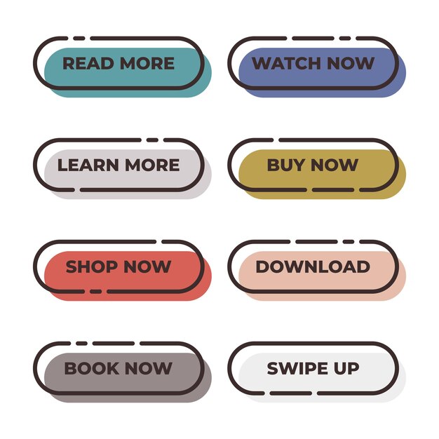 set of modern trendy flat buttons with rounded black outline frames