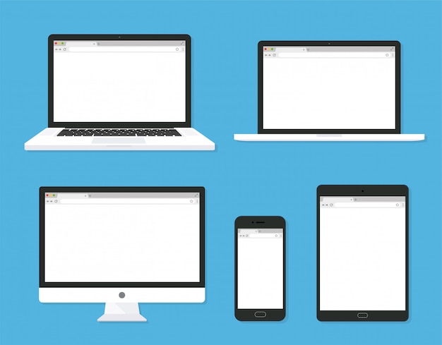set of monitor, laptop, tablet, smartphone open blank browser  flat style