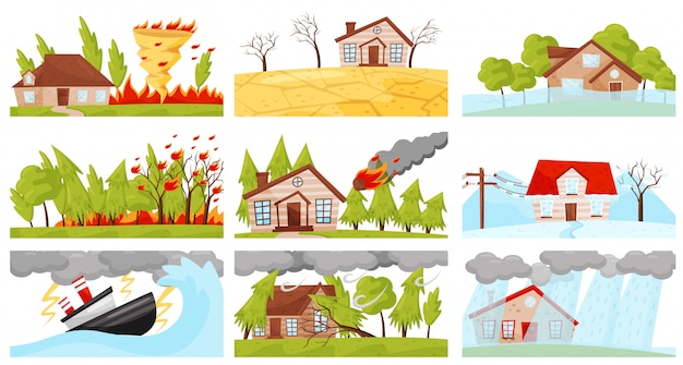   set of natural disasters illustrations. fire whirl, lightning storm, wildfire, meteorite fall