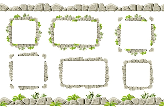 Set of old gray rock border frames with grass