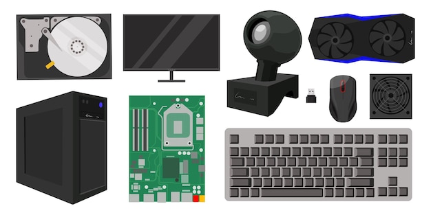 Set of personal computer elements in cartoon style Vector illustration of a computer hard disk system unit keyboard mouse web camera flash drive columncooler isolated on white background