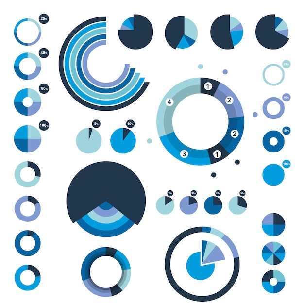 Set of pie circle round charts graphs Blue flat design