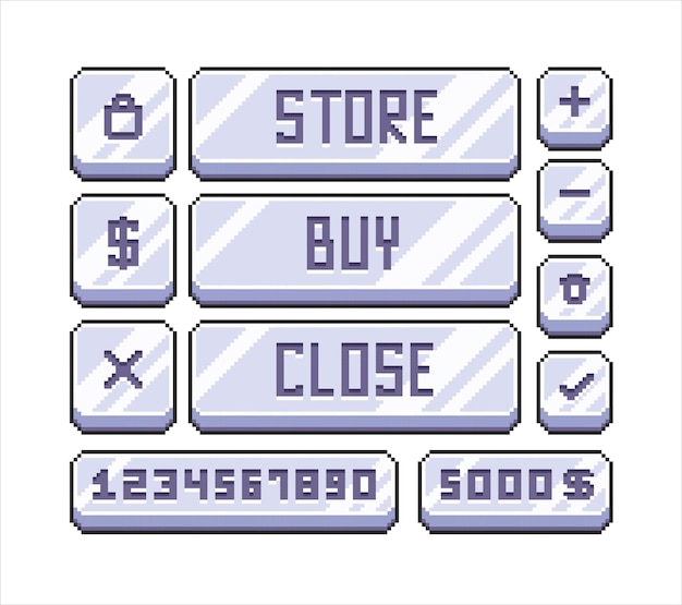 Set of Pixel Art Metal Buttons for Game Store UI Store Buy Close Buttons and Numeric Keypad