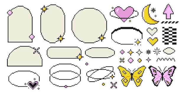 Set of pixelated y2k frame line with star and heart Retro color pixel butterfly Modern aesthetic line elements in retro style Arch frame with sparkles