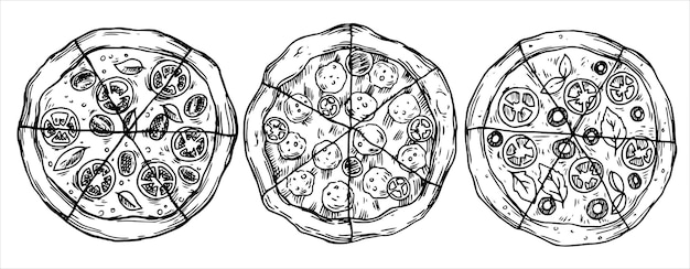 Set of pizza circles divided into pieces drawing in sketch style black and white graphics