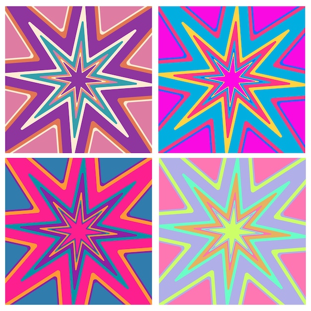 Set of psychedelic groovy geometric background in hippie style