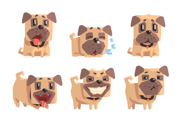 Set of pug puppy with different emotions Funny cartoon character Domestic dog Home pet Emoji for social network tshirt print or postcard Colorful flat vector icons isolated on white background