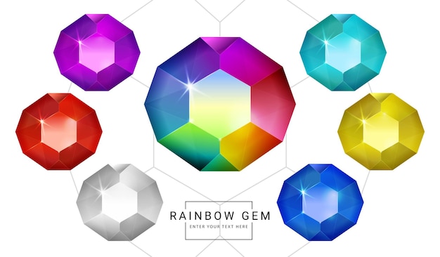 set of rainbow color fantasy jewelry gems, polygon shape stone for game.