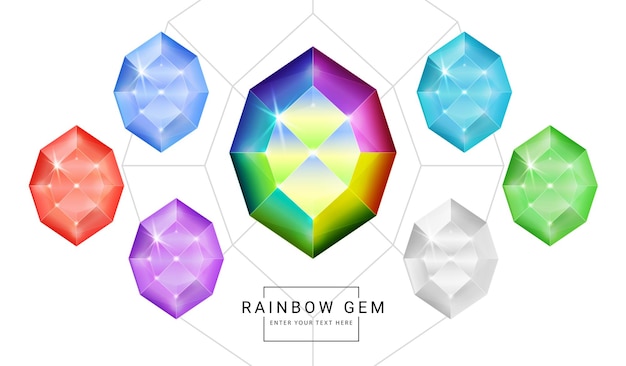 set of rainbow color fantasy jewelry gems, polygon shape stone for game.