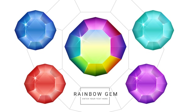 set of rainbow color fantasy jewelry gems, polygon shape stone for game.