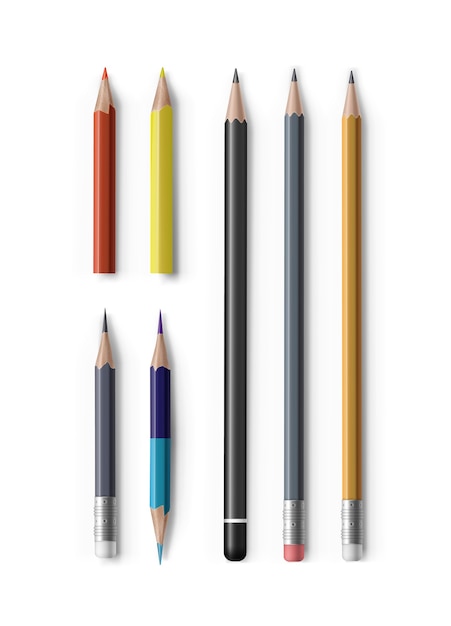 set of realistic sharpened pencils of various types and lengths