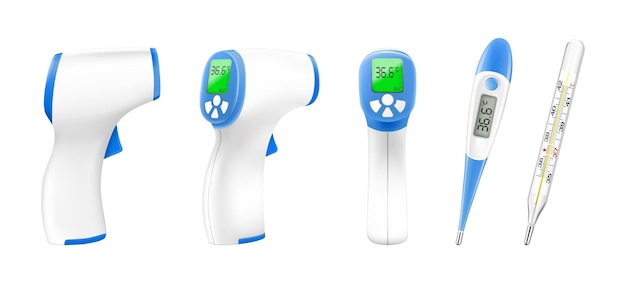 set of realistic thermometers. various types of medical devices that measure human body temperature