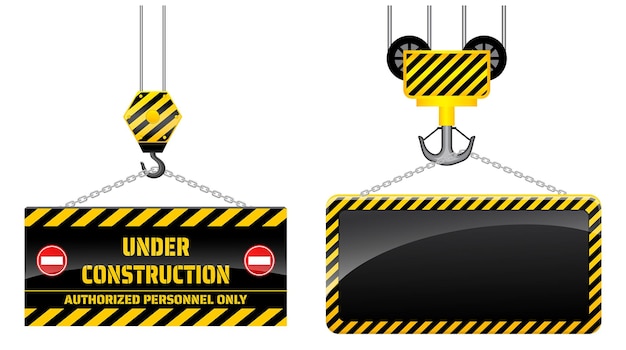 set of realistic under construction caution or crane hook yellow board hanging or caution banner