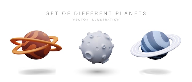 Set of realistic vector planets with craters belts spots and lines