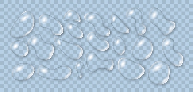 Set of realistic water drops of various shapes isolated on a transparent background. Set of condensation bubbles or realistic drip, H2O element and clear wet splash. Liquid blobs.