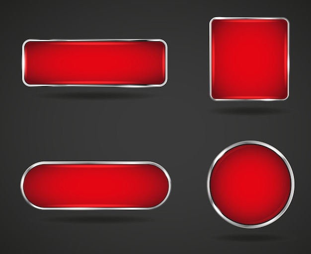 Set of red glossy buttons with silver frame Square round website element