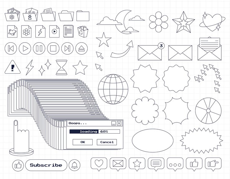 Vector set of retro computer ui nostalgic elements and stickers old pc 90s user interface icons with an outline frozen window loading buttons folders arrow outline y2k icons vector illustration