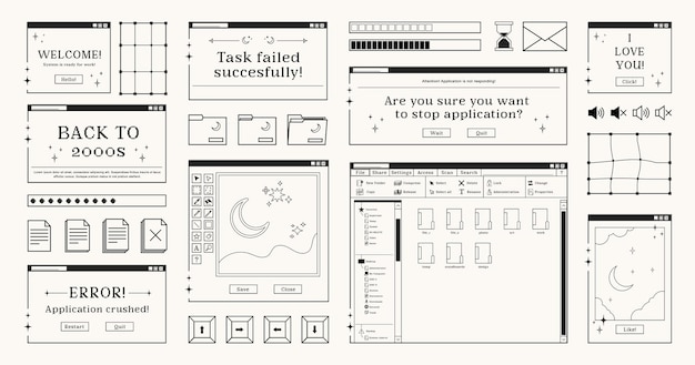 Set of retro computer windows and dialogue screens buttons documents and folders symbols interfaces