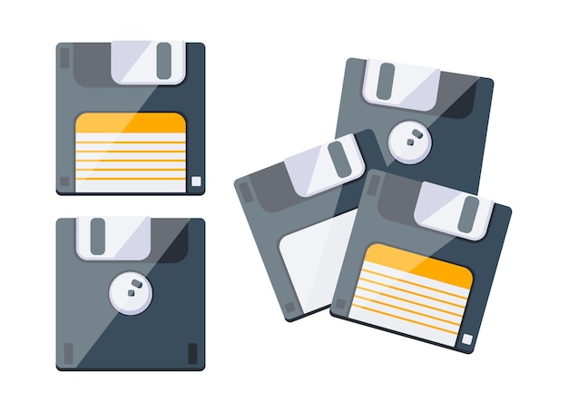 set of retro magnetic floppy disc computer data storage diskette