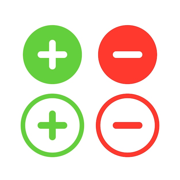Set of Round Plus and Minus or Positive and Negative Icons