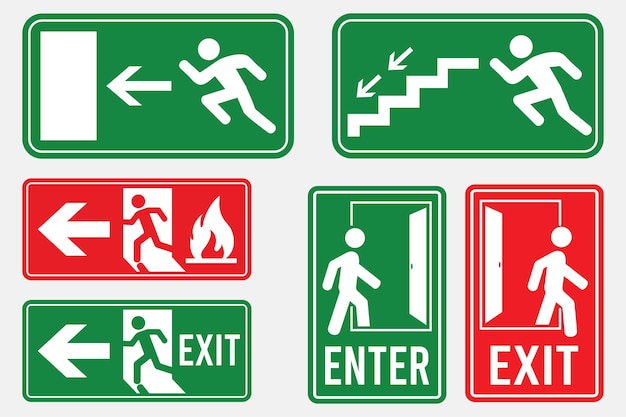 Set of safety signs. Exit sign. Emergency fire exit door