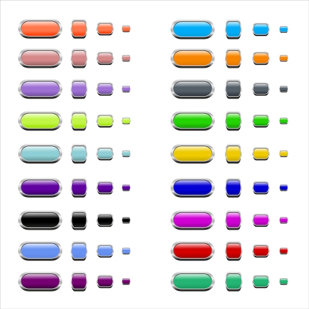 Set of shiny glass buttons with metallic borders Colored collection Vector 3d illustration isolated on white background