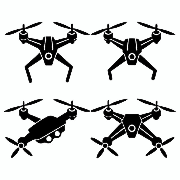 set of simple Different types of Drone with camera silhouettes