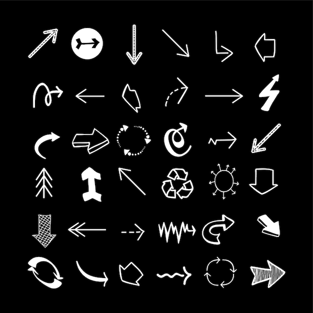 Set of simple mixed modern flat vector arrow icons black background v1