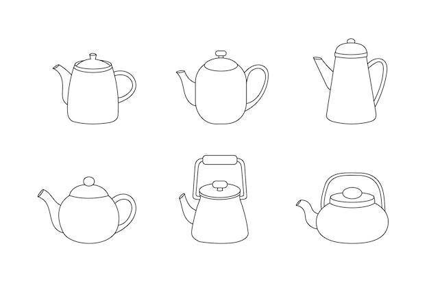 Set of six minimalist line drawings of different teapots