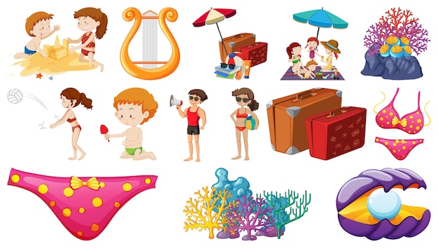 set of summer beach objects and cartoon characters