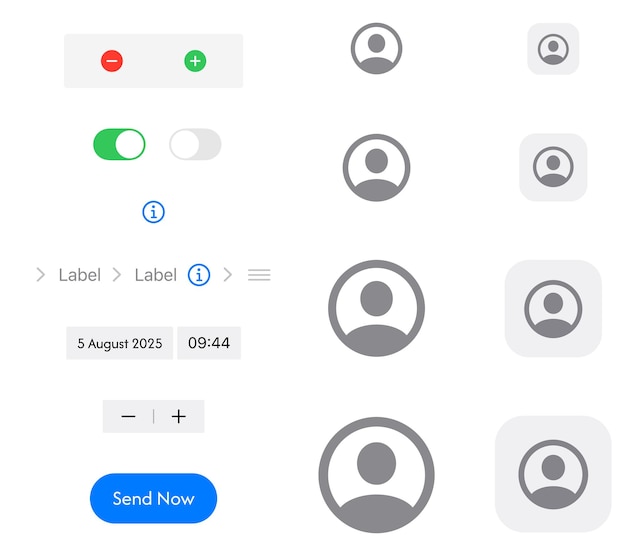 Set of switch button icon set Turn on and turn off toggle buttons Avatar stepper bread crumb UI