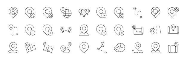 Set of thin line icons of pin map location time place destination Contains icons such as clock schedule map love globe dollar and pin business illustration Editable stroke icon vector