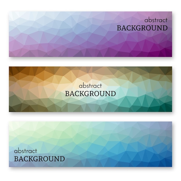 Set of three multi colored banners in low poly art style. Background with place for your text. Vector illustration