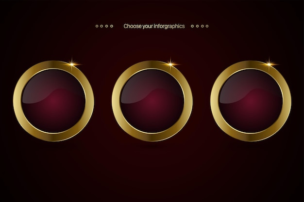 Set of three red luxury vector circular buttons design featuring a rich burgundy red center enclosed