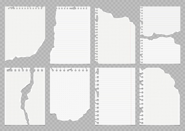 Set of torn lined and squared paper Torn sheet of paper from a notebook with rough edges Vector illustration of sticky notes and notebook pages for banners posters posts