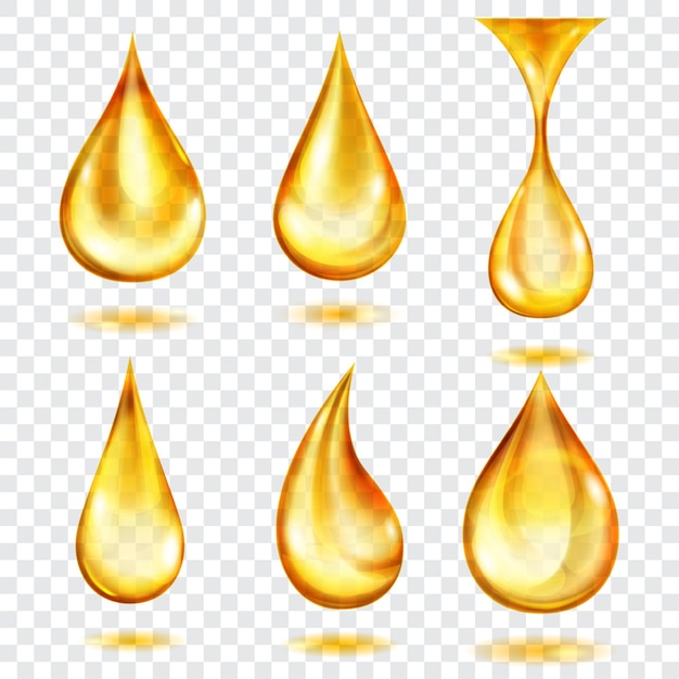 set of translucent drops in yellow colors, isolated on transparent background
