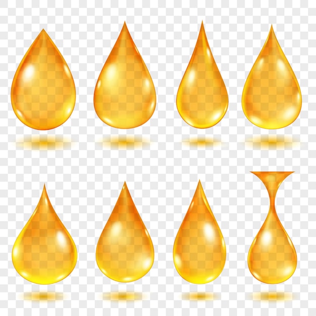 Set of translucent water drops in yellow colors in various shapes, isolated on transparent background. Transparency only in vector format