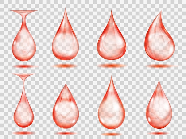 Set of transparent drops in red colors