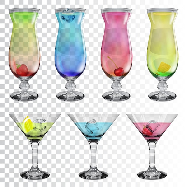 set of transparent glass goblets with cocktails of different colors
